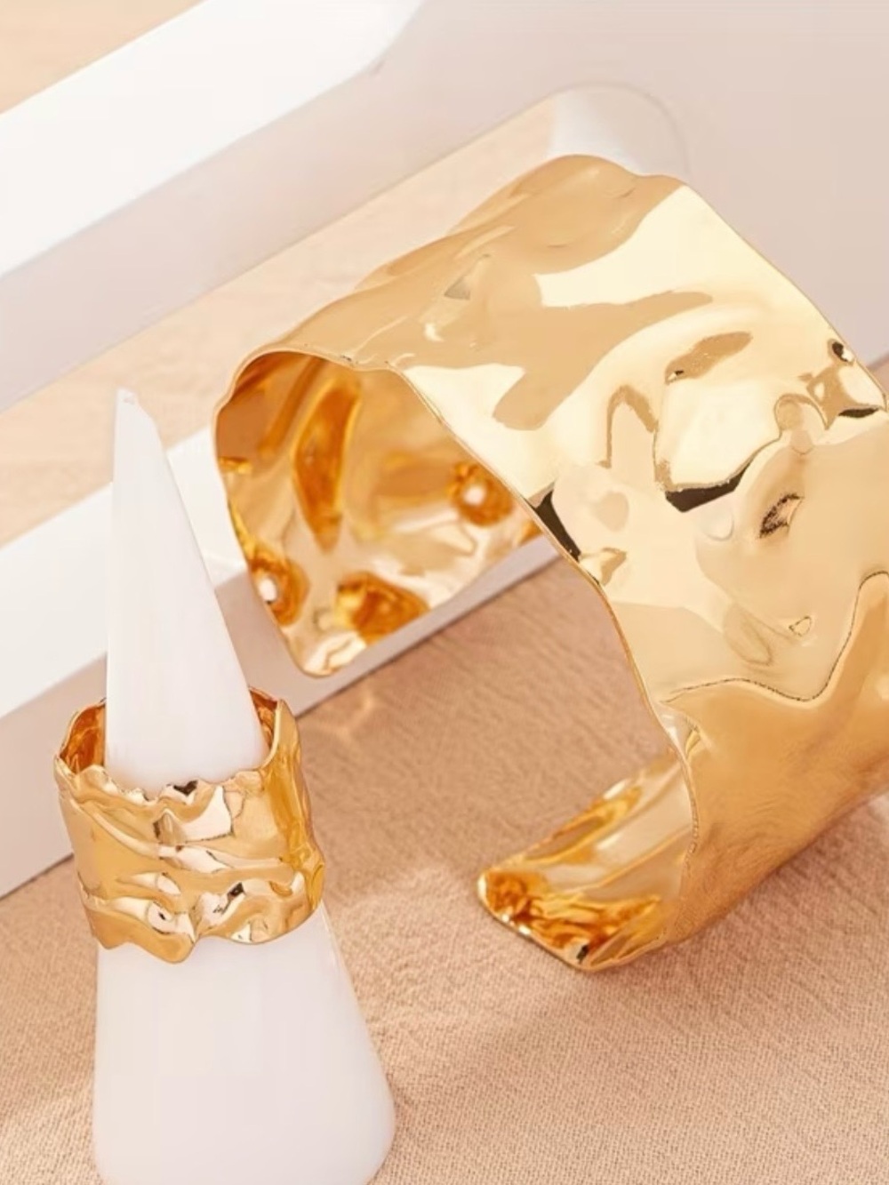 Gold Textured Cuff Bracelet and Ring Set - Women Jewelry